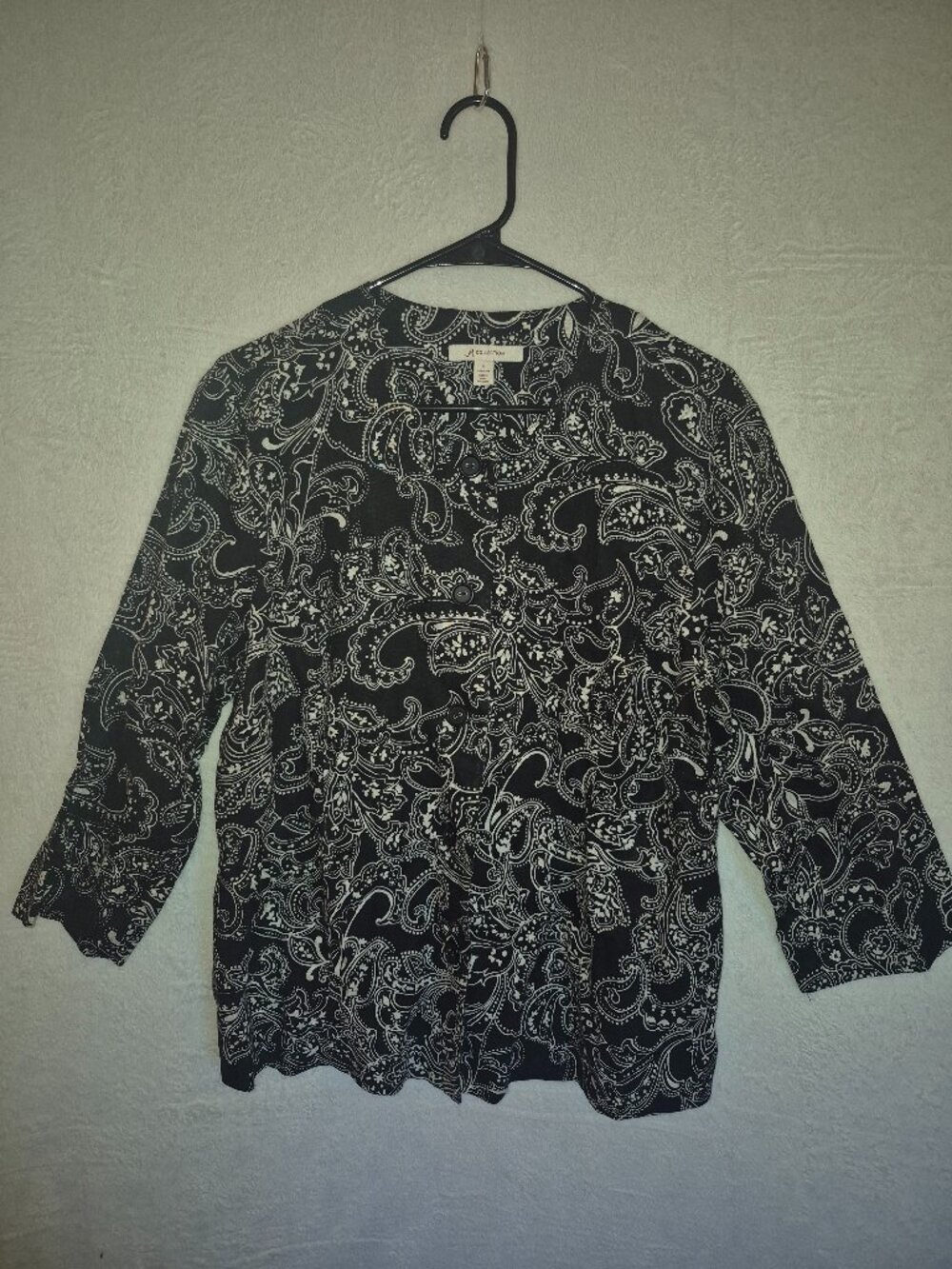 JM Collection Size 14 Black Paisley 100% Linen Button Down Blouse Blazer Preppy